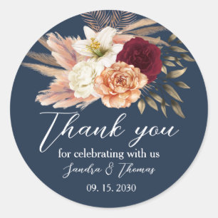 Sticker Rond Remerciements de mariage Bourgogne et bleu marine