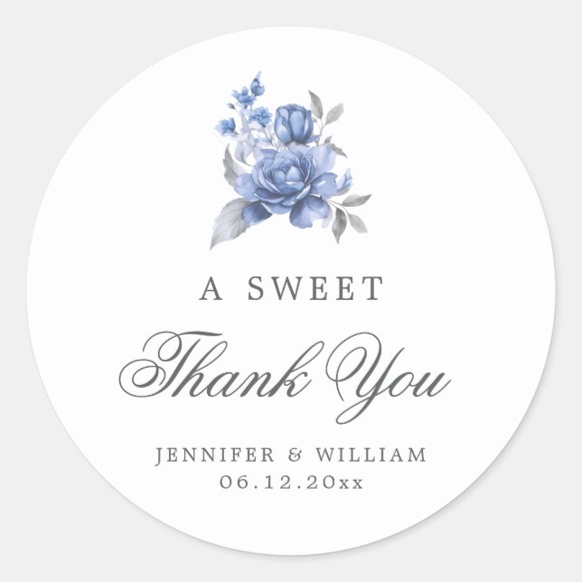 Sticker Rond Remerciements de mariage Doux Bleu Poussiéreux Flo (Devant)
