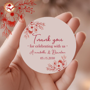 Sticker Rond Remerciements de mariage floraux rose rouge