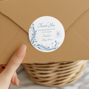 Sticker Rond Remerciements Élégant Bleu pour Baby Shower Garçon