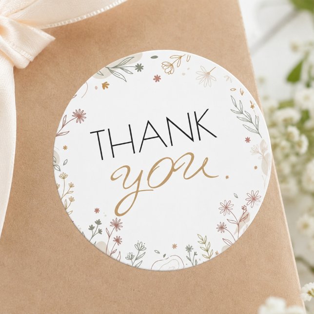 Sticker Rond Remerciements élégants en écriture dorée botanique (Elegant Botanical Gold Script Thank You Classic Round Sticker)