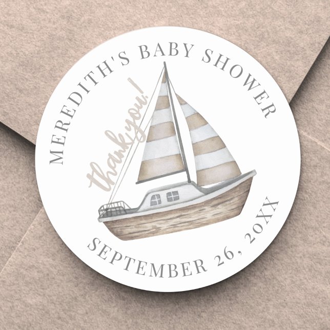 Sticker Rond Remerciements Fête de Naissance Thème Marin (Thank You Nautical Baby Shower Classic Round Sticker )