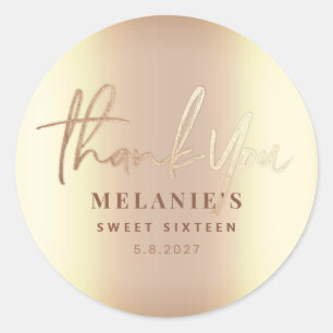 Sticker Rond Remerciements Personnalisés 16ème Élégant Or Marié