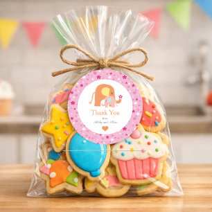Sticker Rond Remerciements pour Baby Shower Éléphant Rose