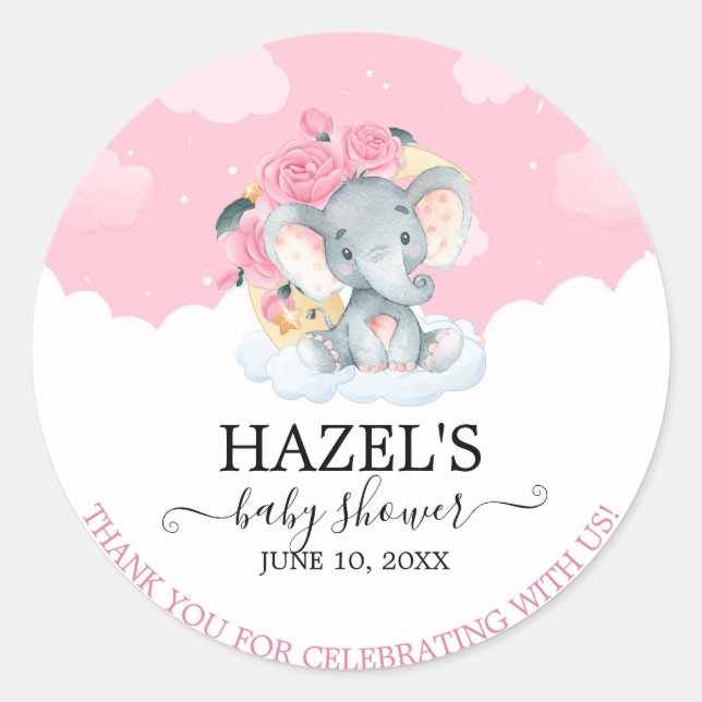 Sticker Rond Remerciements pour Baby Shower Fille Éléphant Flor (Devant)