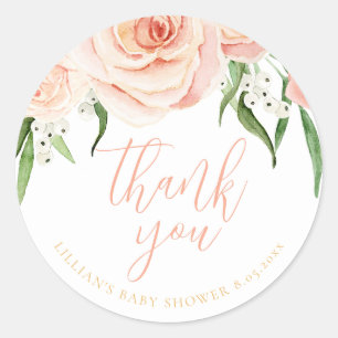 Sticker Rond Remerciements pour Baby Shower Fille Fleur Rose Ro