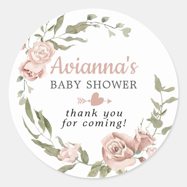 Sticker Rond Remerciements pour Baby Shower Fleurs Rouges Rusti (Devant)
