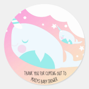 Sticker Rond Remerciements pour Baby Shower Narwhale Ombre
