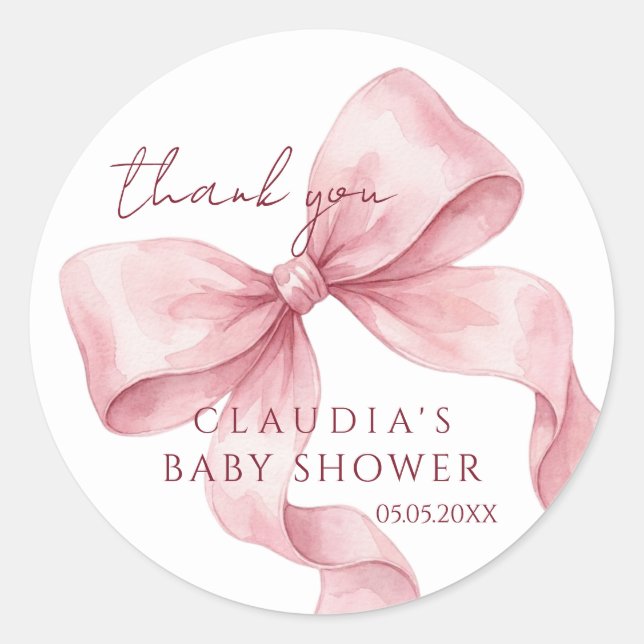Sticker Rond Remerciements pour Baby Shower : Nœud Rose Douce A (Devant)