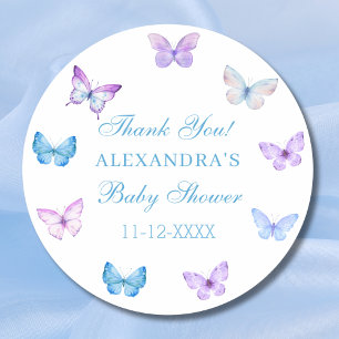 Sticker Rond Remerciements pour la Baby Shower Papillon Rose Bl