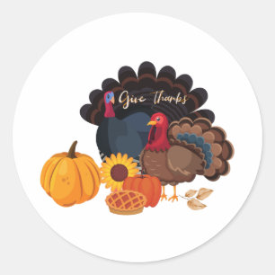Sticker Rond Remerciements Thanksgiving Turquie et Citrouilles