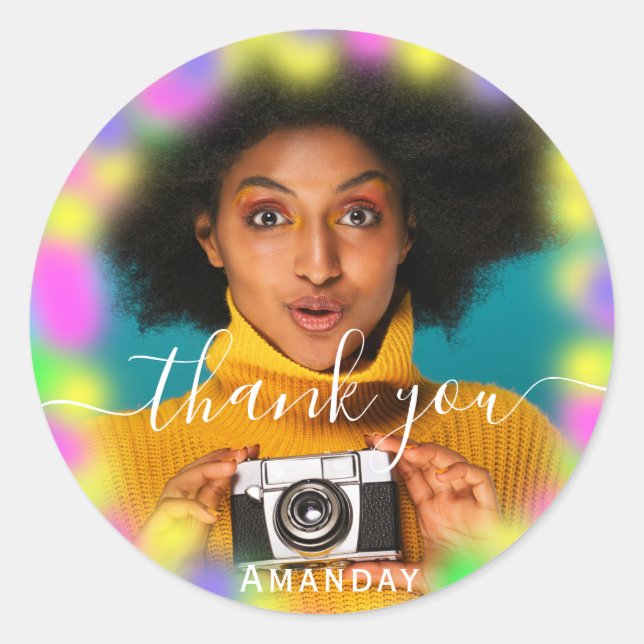 Sticker Rond Remercier Photo Néon Rose Fête Holographique Diplô (Devant)