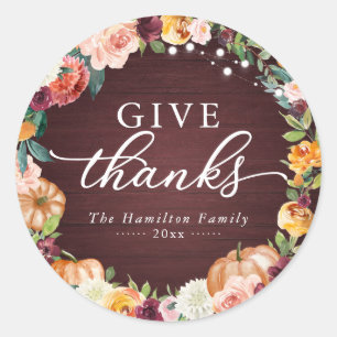 Sticker Rond Remerciez Fleurs Rustiques de Thanksgiving Clas