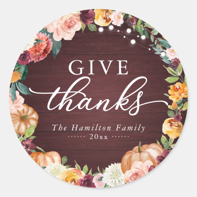 Sticker Rond Remerciez Fleurs Rustiques de Thanksgiving Clas (Devant)