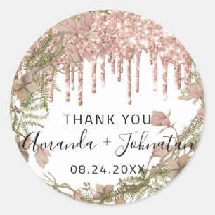 Sticker Rond Remerciez Rose White Name Save The Date Couronne D