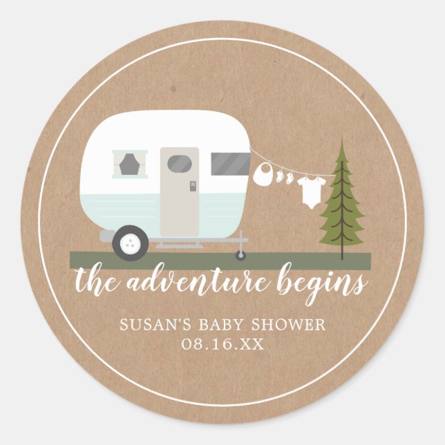 Sticker Rond Remorque de camping Aventure Retro Baby shower ble (Devant)