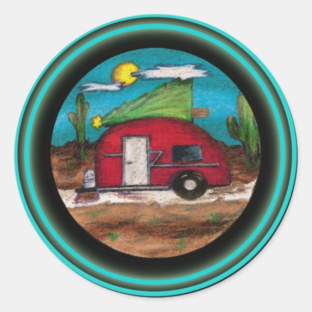 Sticker Rond Remorque de Noël avec arbre (Devant)