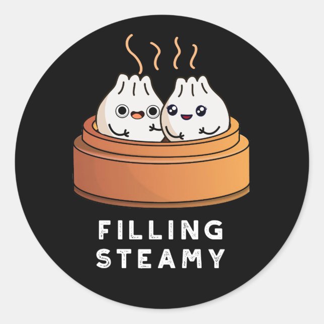 Sticker Rond Remplissage Steamy Funny Dimsum Bao Pun Dark BG (Devant)