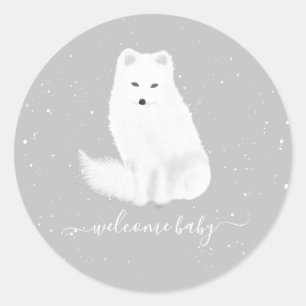 Sticker Rond Renard arctique Baby shower neutre gris neige hive