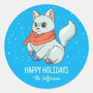Sticker Rond Renard arctique Noël animal neige vacances d'hiver