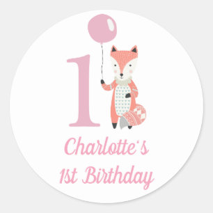 Sticker Rond Renard blanc mignon et ballon rose 1er anniversair