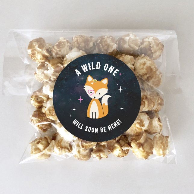 Sticker Rond Renard cosmique Wild One Rose Girl Baby shower (Créateur téléchargé)