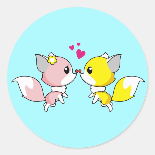 Sticker Rond Renard Couple Kissing avec Petit Coeur Overhead (Devant)