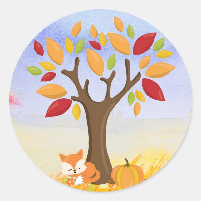 Sticker Rond Renard d'automne avec Citrouille (Devant)