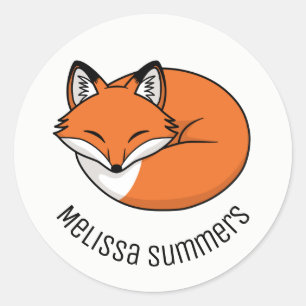 Sticker Rond Renard de dessin animé endormi nom personnalisé