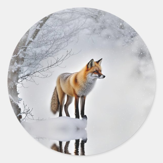 Sticker Rond Renard de Noël en vacances de neige (Devant)