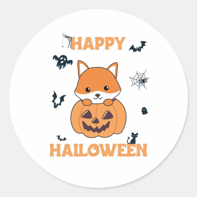 Sticker Rond Renard En Citrouille Foxes Doux Joyeux Halloween (Devant)