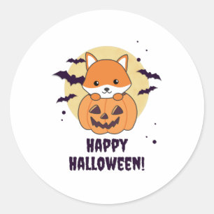 Sticker Rond Renard En Citrouille Foxes Doux Joyeux Halloween