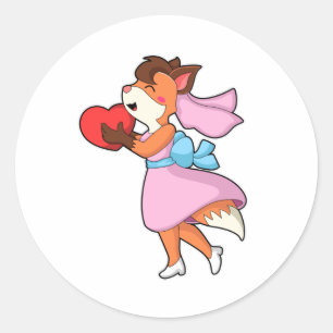 Sticker Rond Renard en fiancée avec robe et cœur