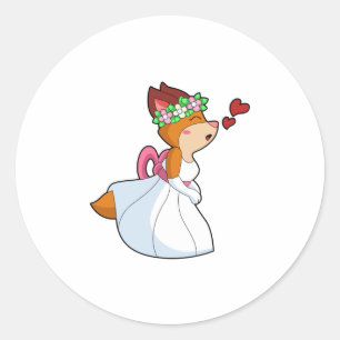 Sticker Rond Renard en mariée avec robe de mariée et couronne d