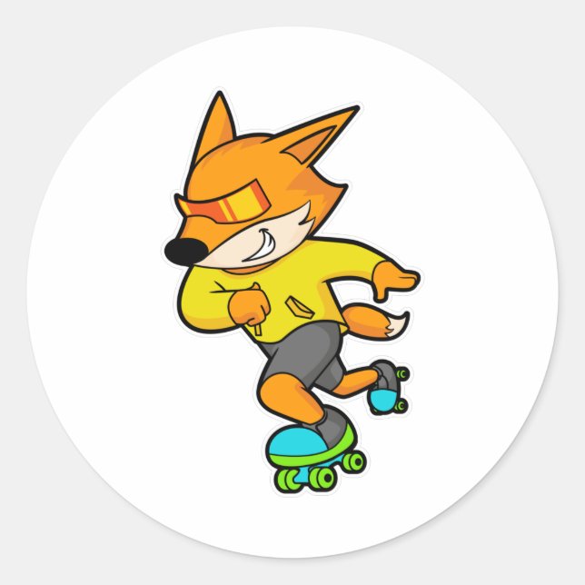 Sticker Rond Renard en patinage avec roulettes (Devant)