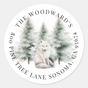 Sticker Rond Renard enneigé aquarelle rustique pour les Fêtes