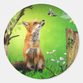 Sticker Rond renard et colibri