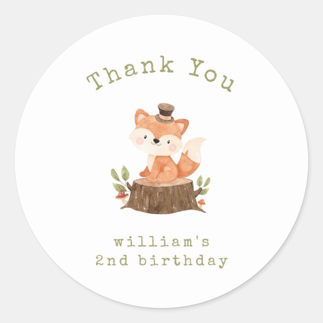 Sticker Rond Renard forestier minimaliste Merci d'anniversaire (Devant)