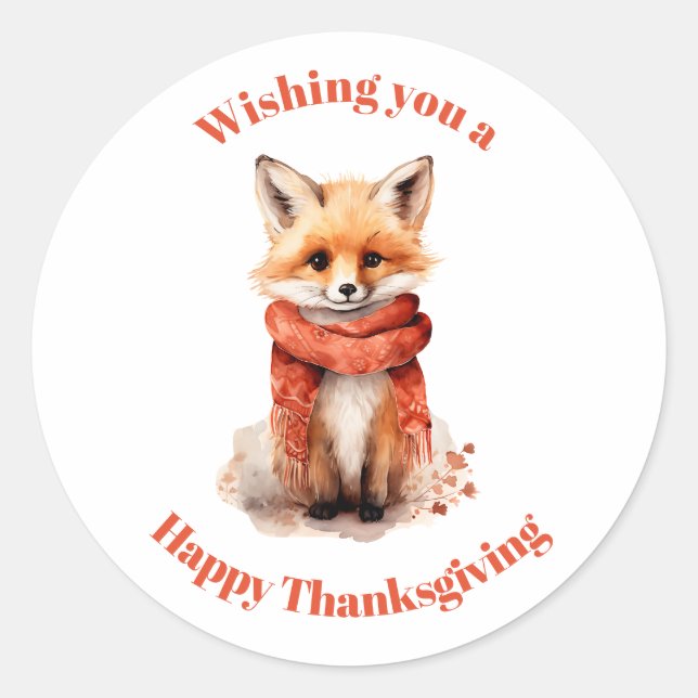 Sticker Rond Renard mignon en écharpe rouge pour Thanksgiving (Devant)