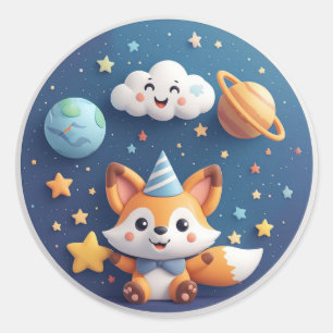 Sticker Rond Renard mignon sur un nuage souriant avec des planè