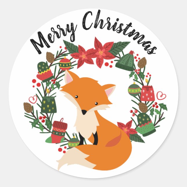 Sticker Rond Renard mou avec couronne de Noël (Devant)