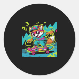 Sticker Rond Renard Rétro Cool Skateur Funky Vintage Skateur A