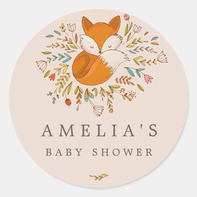 Sticker Rond Renard rose Bois Baby shower doux Favoriser le pho (Devant)