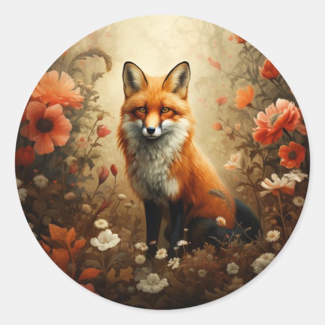 Sticker Rond Renard rouge aux fleurs sauvages. (Devant)