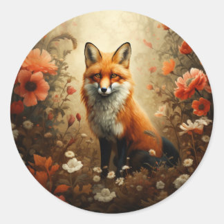 Sticker Rond Renard rouge aux fleurs sauvages.