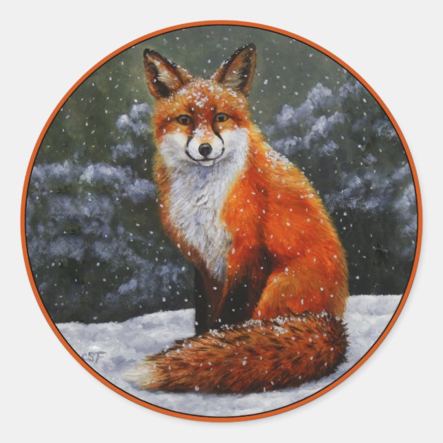 Sticker Rond Renard rouge mignon en neige hivernale (Devant)