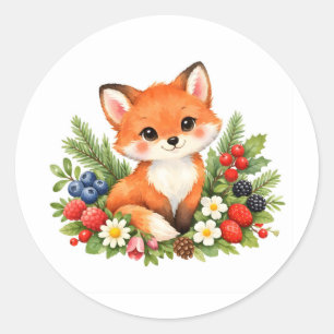 Sticker Rond Renardeau à l'aquarelle avec des baies et des fleu