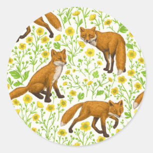 Sticker Rond Renards et papillons sur le blanc naturel