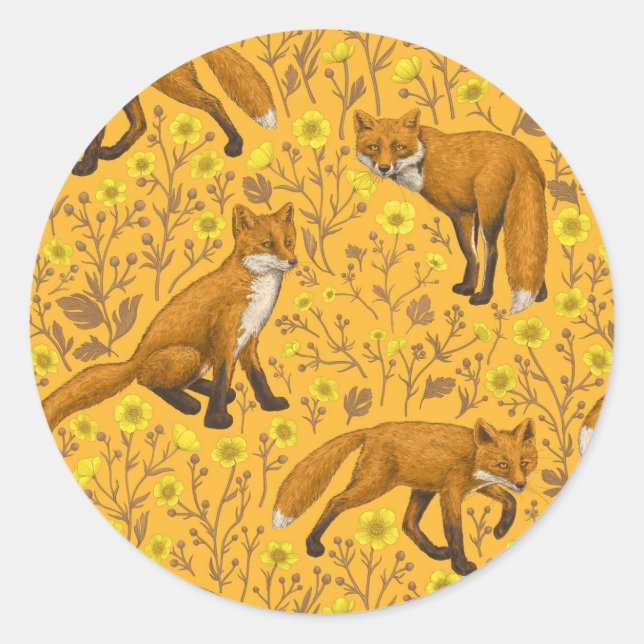 Sticker Rond Renards et papillons sur orange (Devant)
