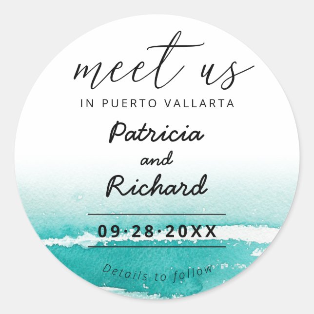 Sticker Rond Rencontrez-Nous À La Destination Mariage Teal Save (Devant)